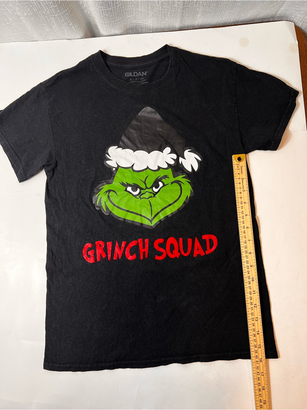 Gildan Black Tee With Bright Green Grinch And Red 'Grinch Squad' Text